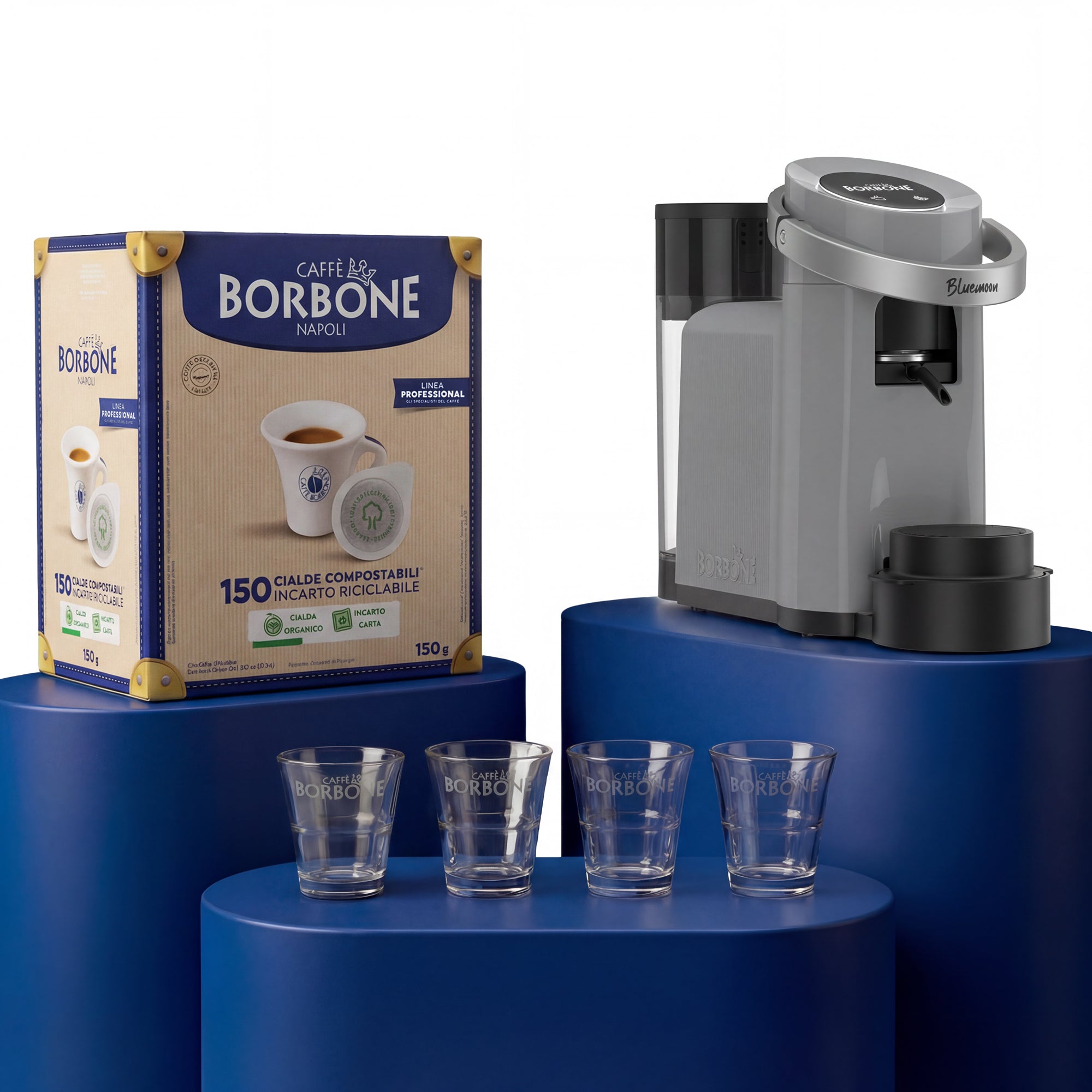 KIT Macchina Bluemoon GRIGIA con 300 cialde miscela blu e 8 bicchierini di vetro