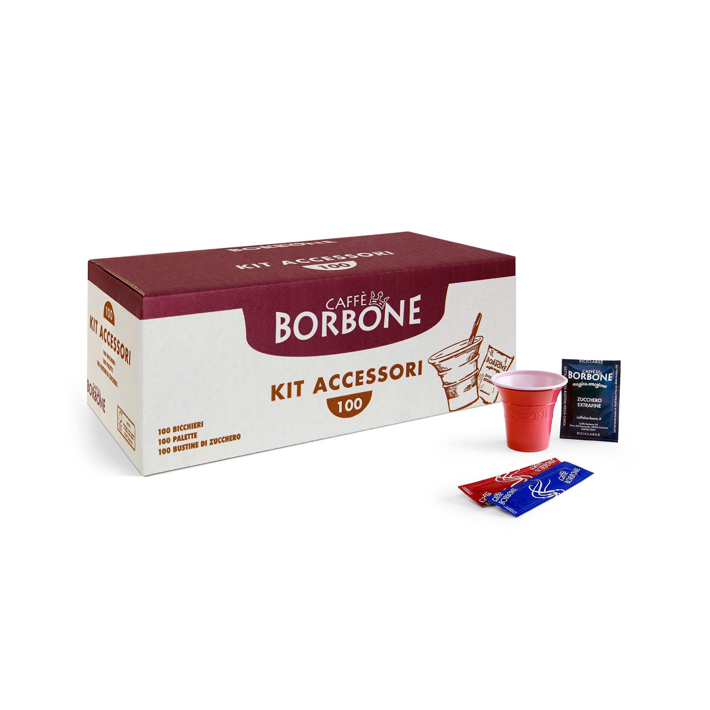 Kit 100 Cups Stirrers Sugar Borbone Bags