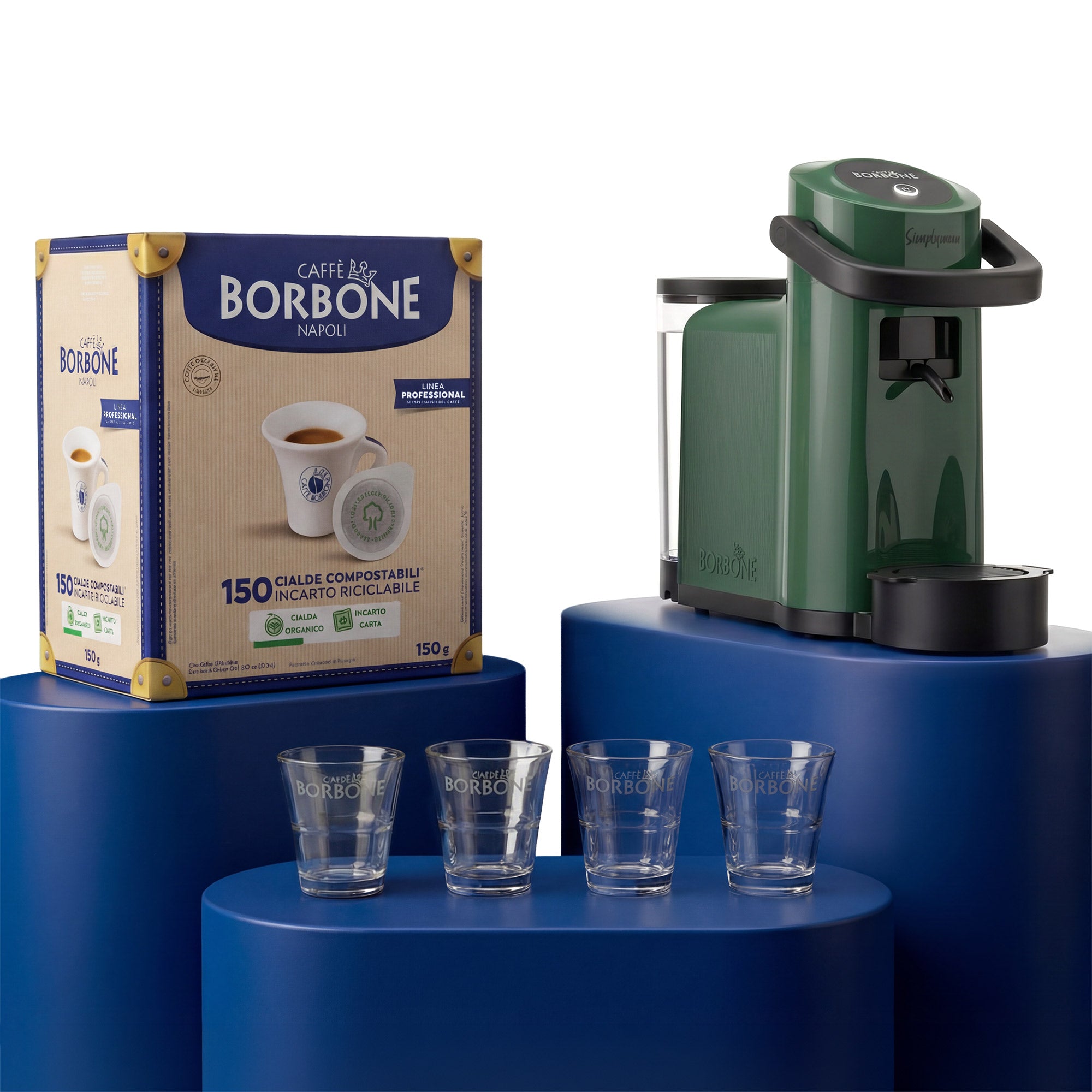 Simplymoon Blue Coffee Machine Kit With 300 Blue Blend Pods And 8 Glass Cups 1